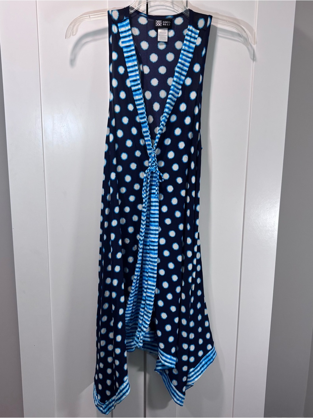 Coco Reef Swim Cover Up Dress M Navy Blue Polka Dot Tie Front Handkerchief Hem